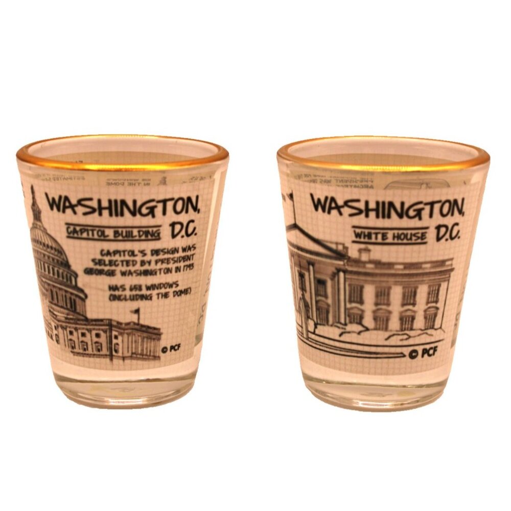 Set 2 Shot Glasses Washington D.C. White House Capitol Bldg Gold Rim Collect NEW